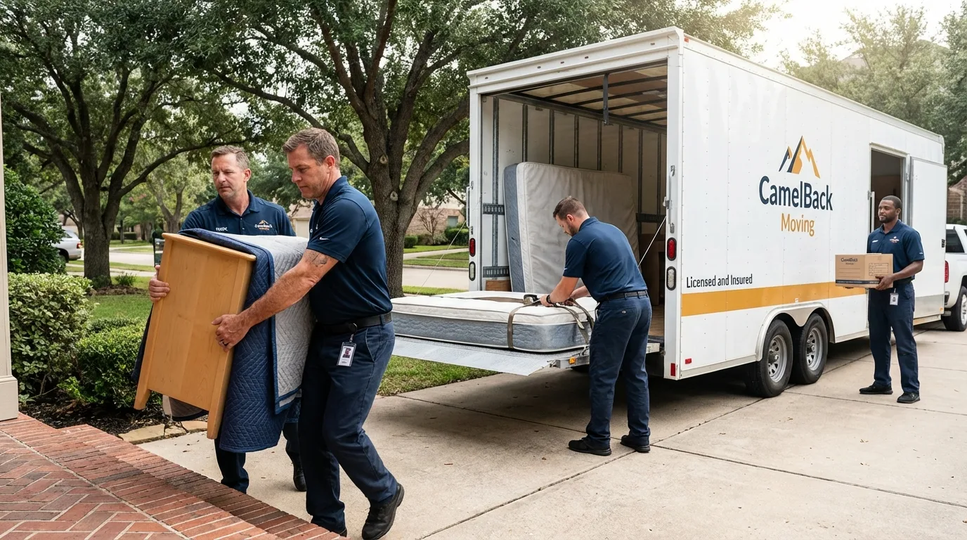 Crew loading residential truck for cross-state move from Bartlett, TX