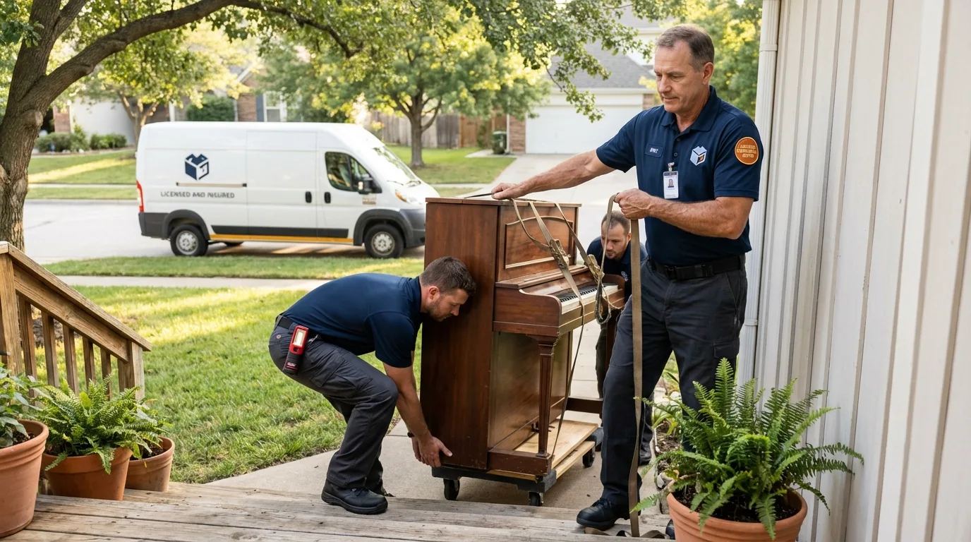 Licensed piano movers securing grand piano in Bartlett, TX