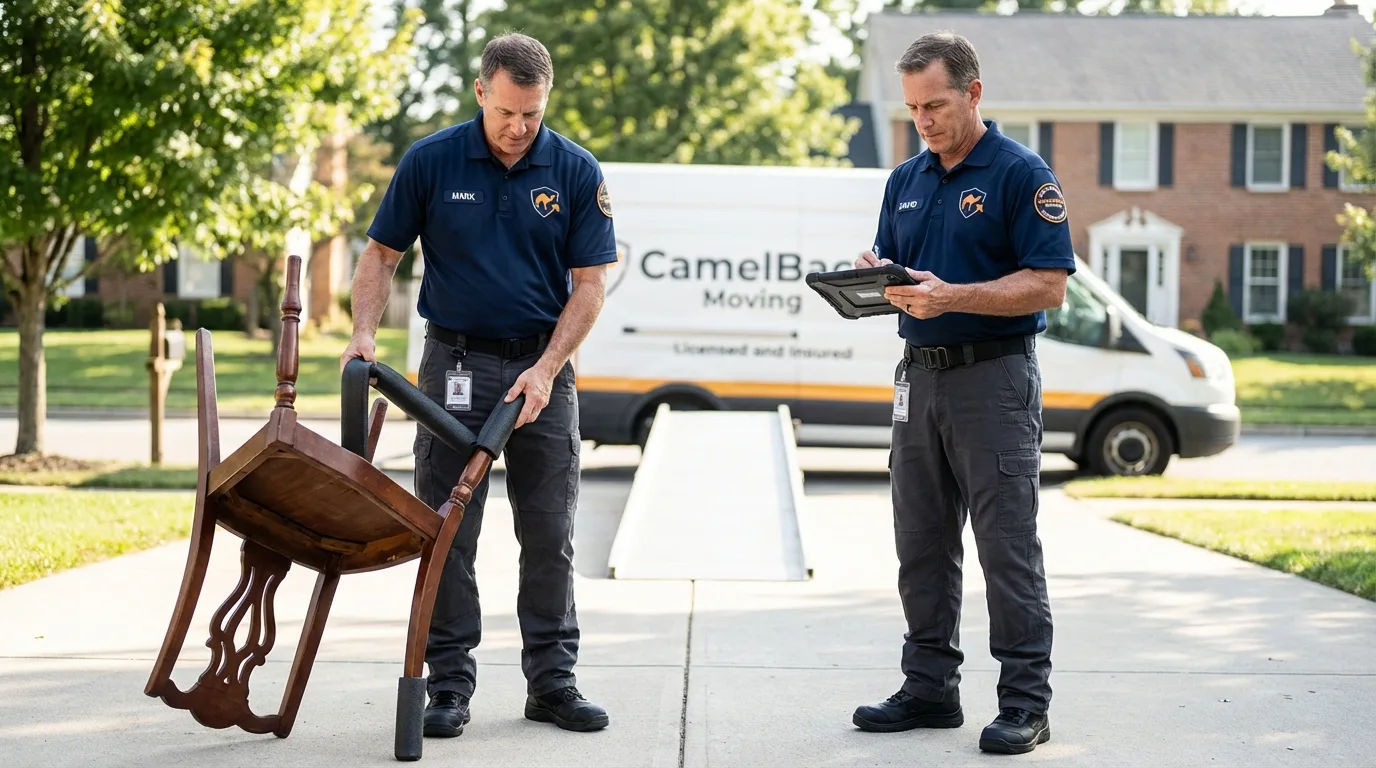 Movers inspecting furniture for damage prevention before loading in Bartlett, TX